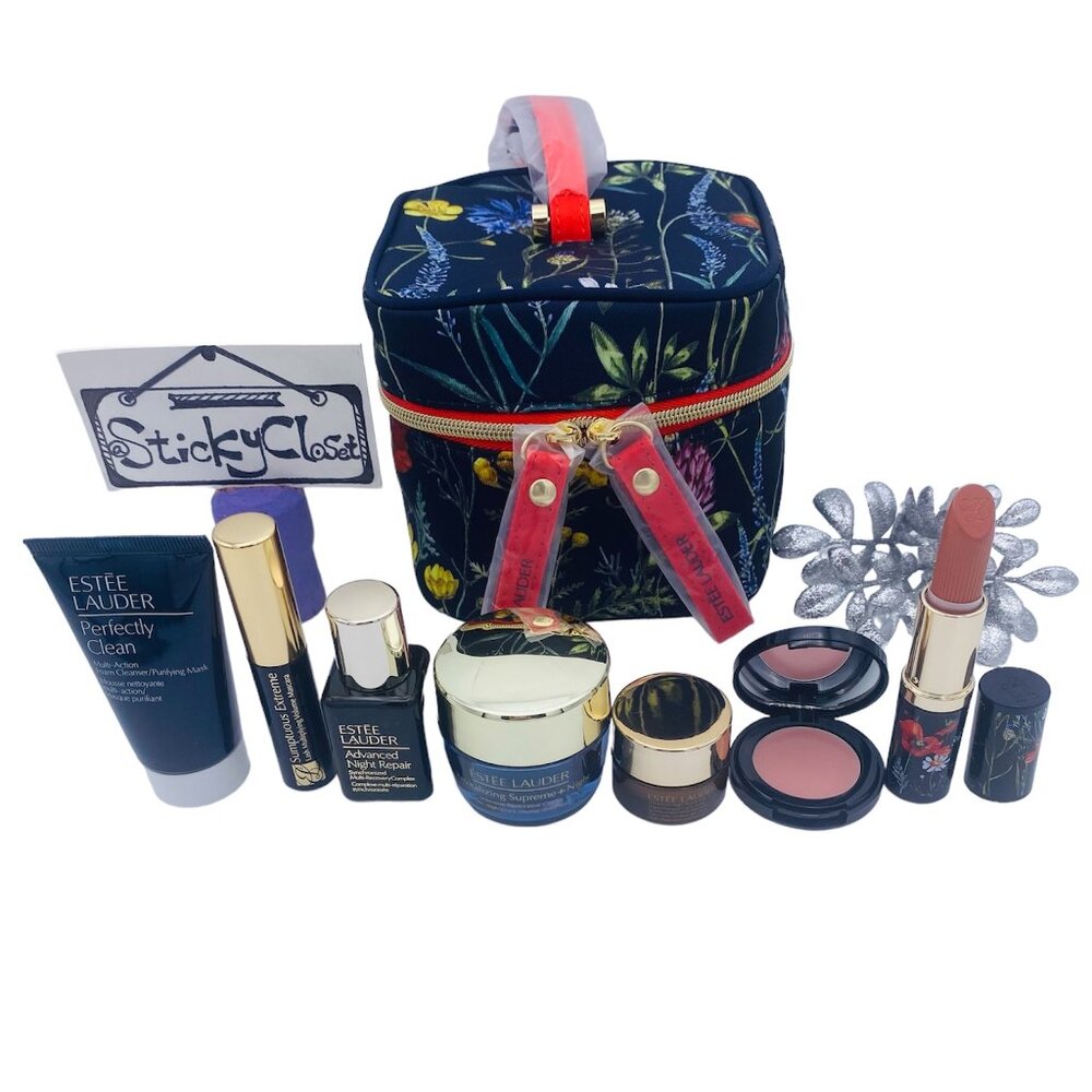 Estee Lauder Beauty Set-Floral Pouch,Skincare,Lip Balm,Lipstick&Mascara-8pc-NEW